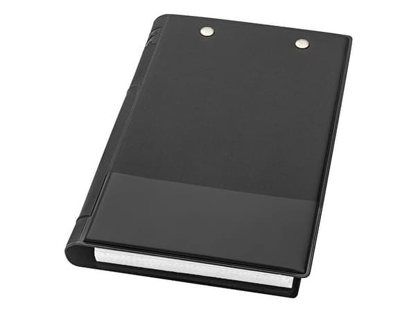 WEDO kassemappe, DIN A6, svart av plast, med metallklemme, øverst til venstre med lapp (57101)