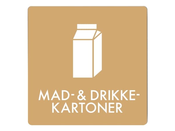 Skilt affaldspiktogram MAD- & DRIKKE- KARTONNER 12x12 cm, alu., brun/hvid