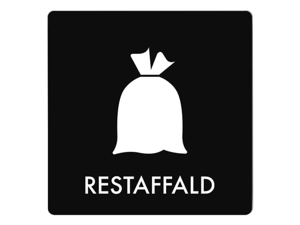 Skilt affaldspiktogram RESTAFFALD 12x12 cm, aluminium, sort/hvid
