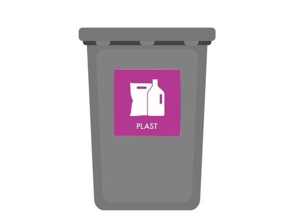 Skilt affaldspiktogram PLAST 12x12 cm, aluminium, lilla/hvid