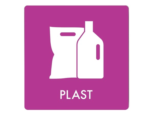 Skilt affaldspiktogram PLAST 12x12 cm, aluminium, lilla/hvid