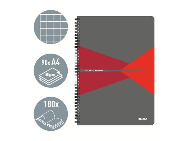 Leitz Office - Notisbok - spiralbundet - A4 (210 x 297 mm) - 90 ark / 180 sider - rutet - rød - polypropylen (PP)
