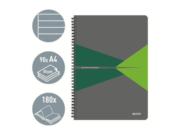 Leitz Office - Notisbok - spiralbundet - A4 (210 x 297 mm) - 90 ark / 180 sider - lined - grønn - laminert kartong