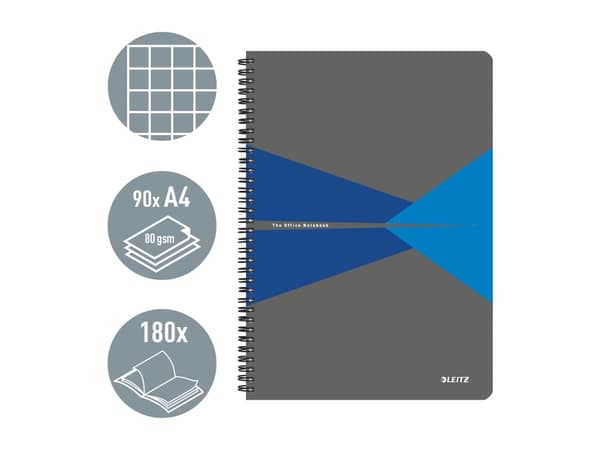 Leitz Office - Notisbok - spiralbundet - A4 (210 x 297 mm) - 90 ark / 180 sider - rutet - blå - laminert kartong