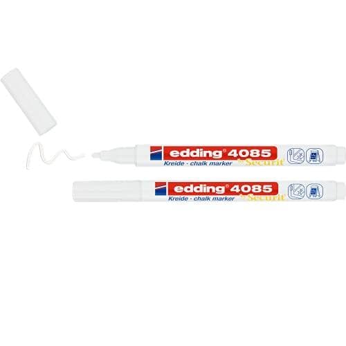 edding 4085 kridtmarkør - hvid - 2 kridtpenne - kuglespids 1-2 mm - tynd kridtpen til tavler, kan aftørres - til skrivning på vinduer, glas, spejle -