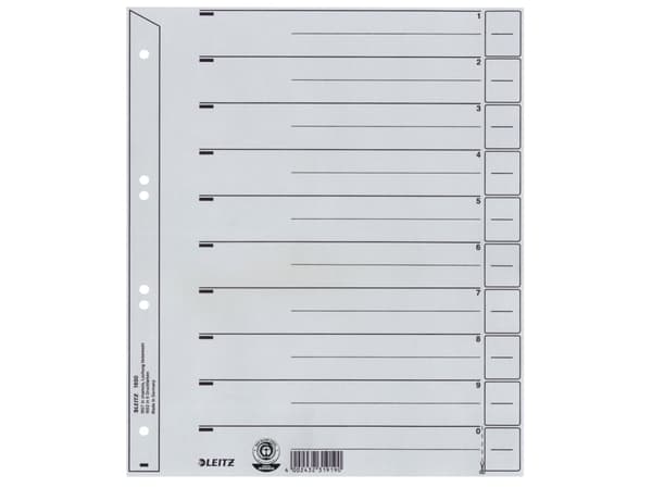 Leitz 16500085, Numeroitu välilehtihakemisto, Pahvi, Harmaa, A4, 200 g/m², 240 mm