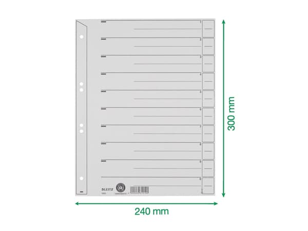 Leitz 16500085, Numeroitu välilehtihakemisto, Pahvi, Harmaa, A4, 200 g/m², 240 mm