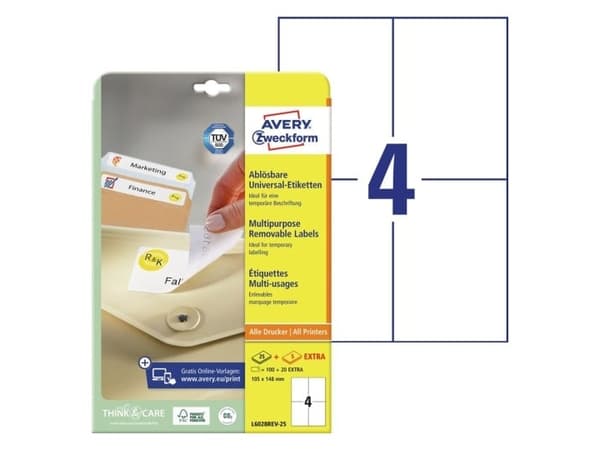 Avery L6028REV-25, hvitt, rektangulært, flyttbart, A4, universalpapir