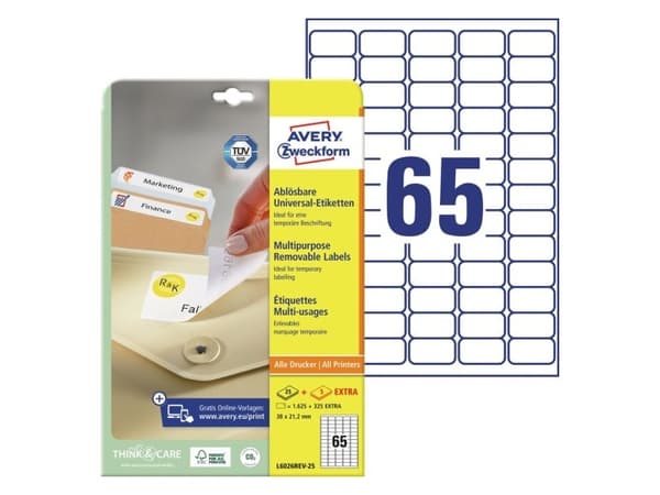 Avery L6026REV-25, hvitt, rektangulært, flyttbart, A4, universalpapir
