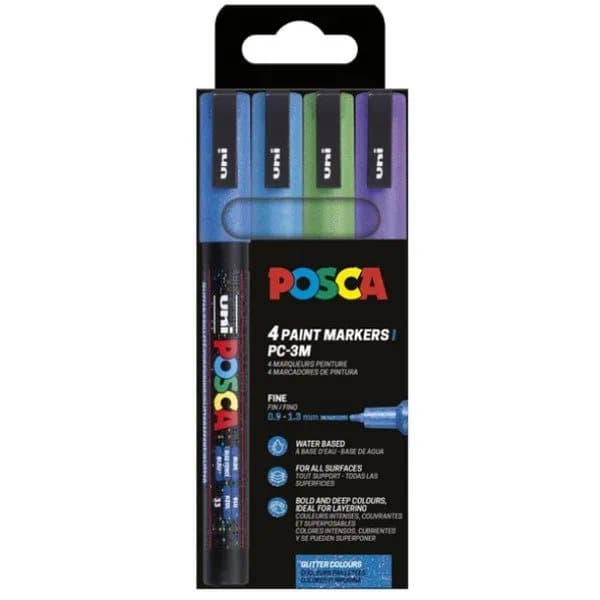 POSCA PC-3M 4st Glitter, Kall (Blå,Ljusblå,Grön,Violett)