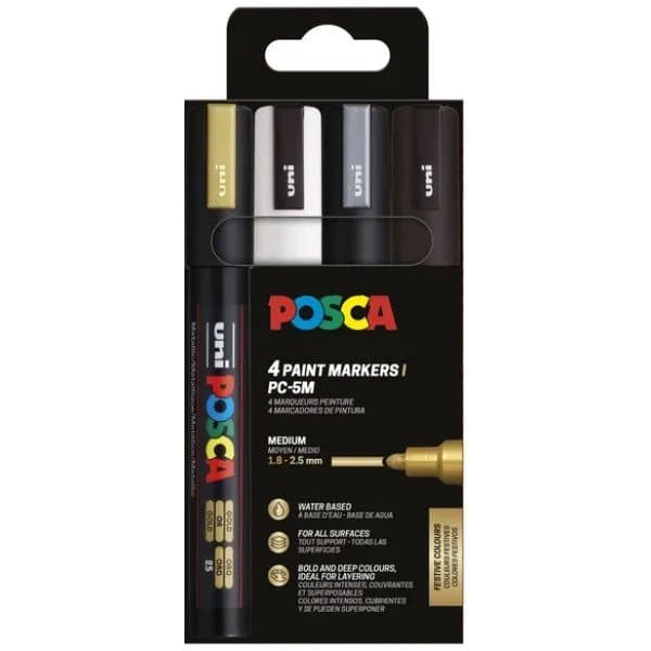 POSCA PC-5M 4stk (Guld,Hvid,Sølv,Sort)