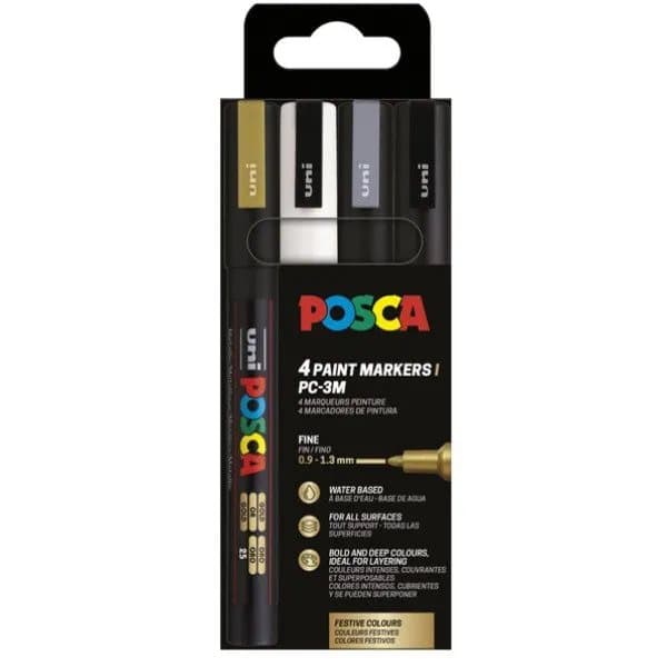 POSCA PC-3M 4stk (Guld,Hvid,Sølv,Sort)