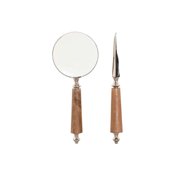 Magnifying glass Home ESPRIT Crystal Steel Acacia 8 x 8 x 30 cm