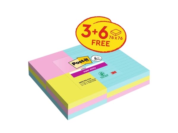Post-it Super Sticky Notes3 linjerede- + 6 standard blokke blandede størrelser 90ark/blk 9blk/pak Co