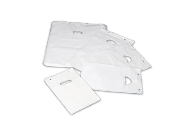 Bärpåse, 30 µm, 245 x 410 mm Kort sida öppen, LD-PE, vit, platt påse Platt botten, med utstansad ha
