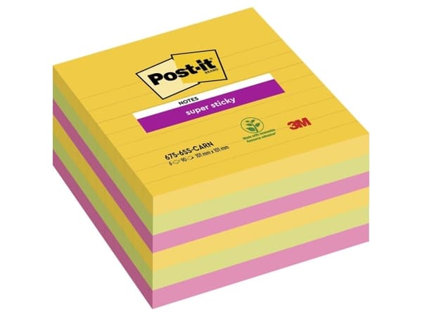 Post-it Super Sticky Notes viivoitettu 101mmx101mm 90sheet/blk 6blk/pakkaus Karnevaaliväri kokoelma