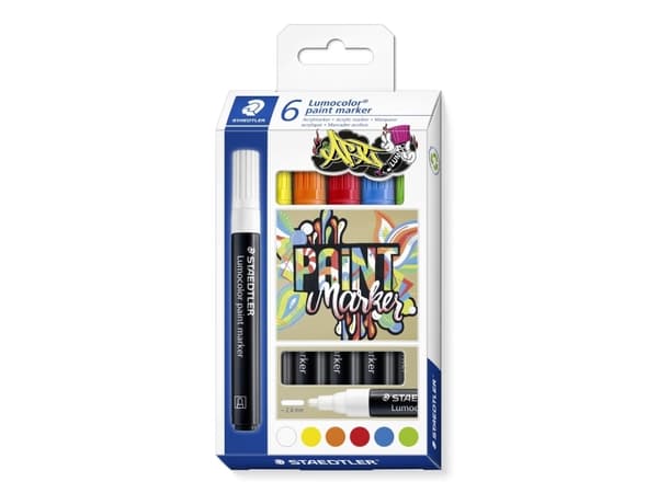 STAEDTLER Lumocolor akryylitarkkailumerkki, 6 kpl:n laatikko Viivan leveys: n. 2,4 mm, pyöreä kärki, lajiteltu - 1 kpl (349 C6)
