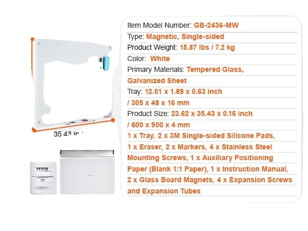 Magnetisk Glas Whiteboard, Vægmonteret, Rammeless Glasboard, Hvid 36x24 tommer