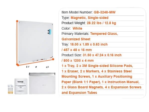 Magnetisk Glas Whiteboard, Vægmonteret, Rammeless Glasboard, Hvid 48x32 tommer