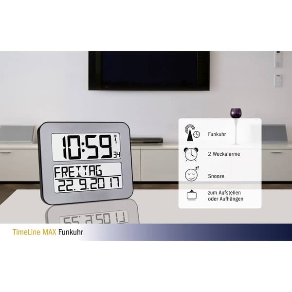 TFA Dostmann 60.4512.54 DCF Väggklocka 258 mm x 212 mm x 30 mm Silver, Svart Stor display