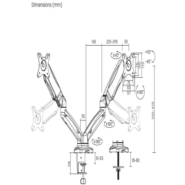 SpeaKa Professional SP-MM-910 2x Monitorfäste 43,2 cm (17) - 81,3 cm (32) Gastryckteknik, Lutning, Vridbar