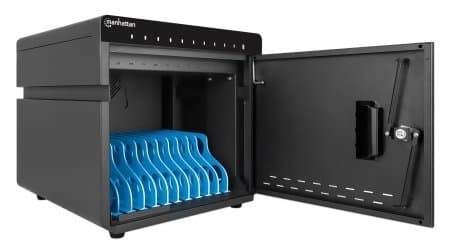 MANHATTAN 10-ports ladeskab 180 W 10 USB-C PD-porte, rummelige rum til mobiltelefoner og tablets, 180 W i alt, op til 3 A/18 W pr. port, låsbar, overs