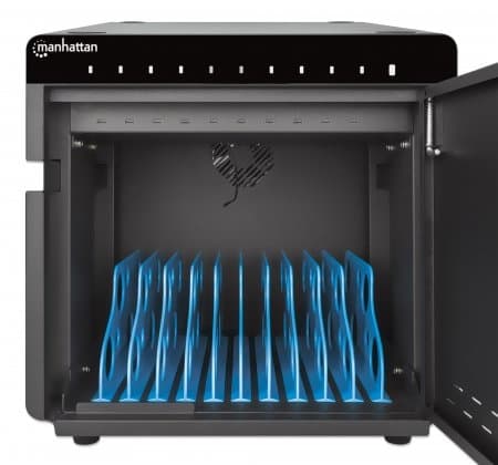 MANHATTAN 10-ports ladeskab 180 W 10 USB-C PD-porte, rummelige rum til mobiltelefoner og tablets, 180 W i alt, op til 3 A/18 W pr. port, låsbar, overs