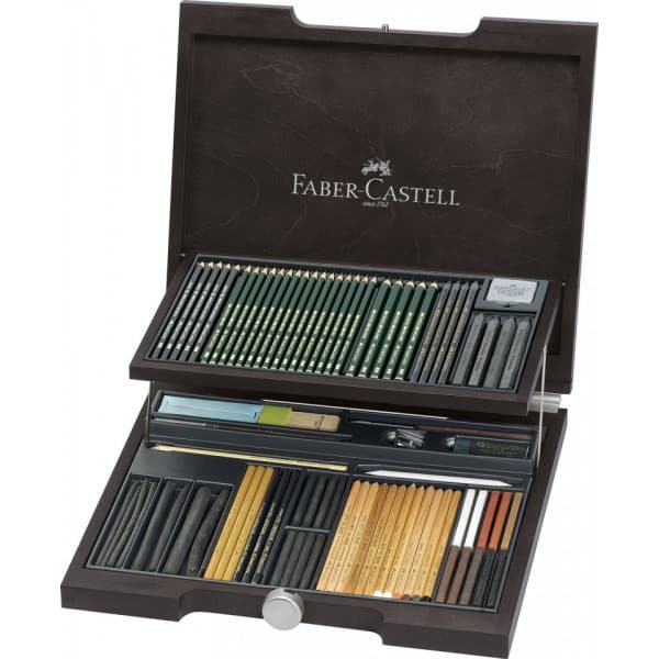 Faber-Castell Pitt Monochrome Assortment -piirustustuotesetti puulaatikossa, 85-osainen