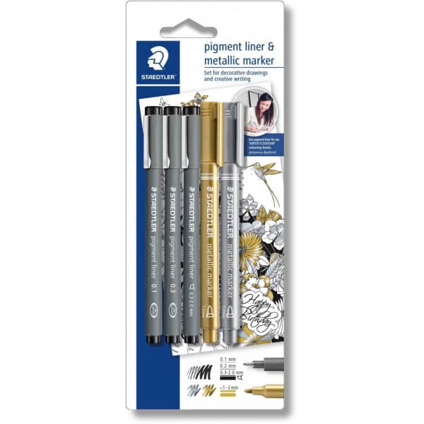 Staedtler Fineliner pigment liner -kuitukärkikynä, hopea / musta, 5 kpl