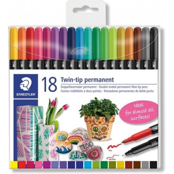 Staedtler 2-spetsig fibertuschpenna, 18 olika färger