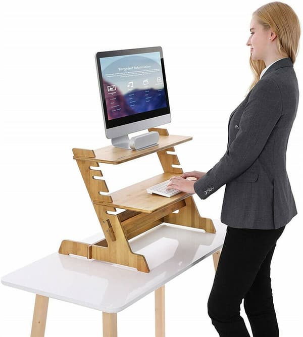 Justerbar Bambus Standing Desk Converter, 6-niveau Højdejustering, 26x18.1x18.9 tommer