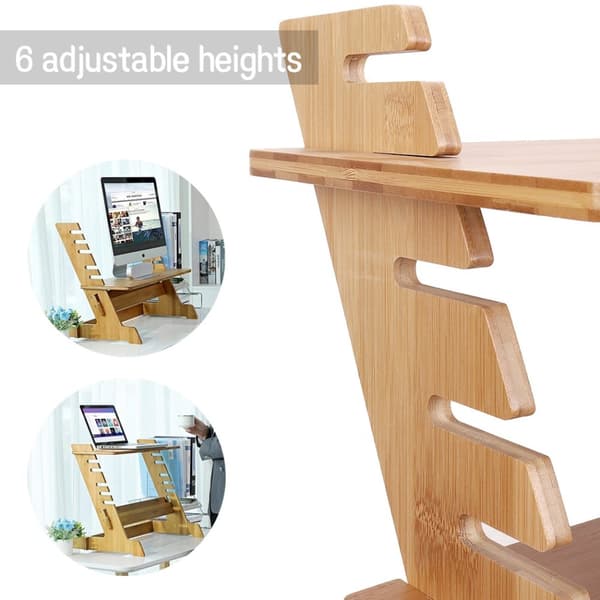 Justerbar Bambus Standing Desk Converter, 6-niveau Højdejustering, 26x18.1x18.9 tommer