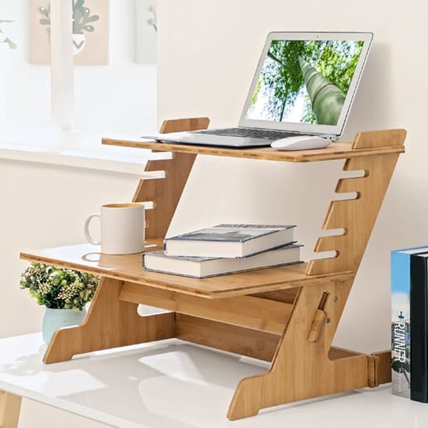 Justerbar Bambus Standing Desk Converter, 6-niveau Højdejustering, 26x18.1x18.9 tommer