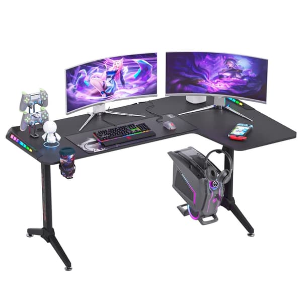 Stående skrivebord, L-formet design, RGB LED-lys, Højre