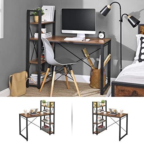 Computerbord, 120 cm skrivebord med hylder i venstre eller højre side, stabilt, let at samle, til hjemmekontor, indisk stil
