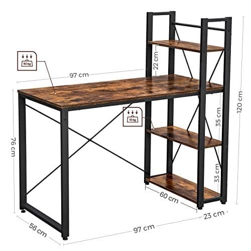 Computerbord, 120 cm skrivebord med hylder i venstre eller højre side, stabilt, let at samle, til hjemmekontor, indisk stil
