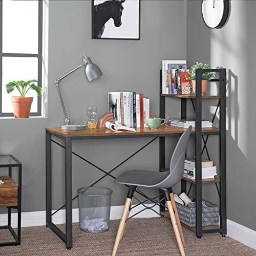 Computerbord, 120 cm skrivebord med hylder i venstre eller højre side, stabilt, let at samle, til hjemmekontor, indisk stil