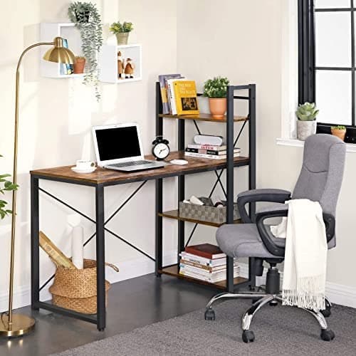 Computerbord, 120 cm skrivebord med hylder i venstre eller højre side, stabilt, let at samle, til hjemmekontor, indisk stil