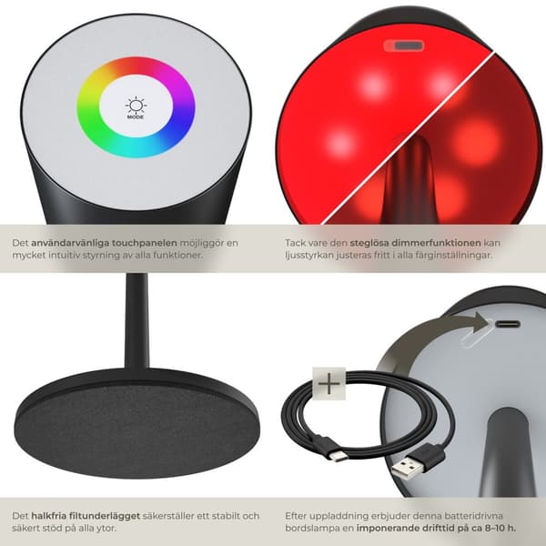 Bordslampa Corly, LED, 7 ljusfärger, dimbar - svart