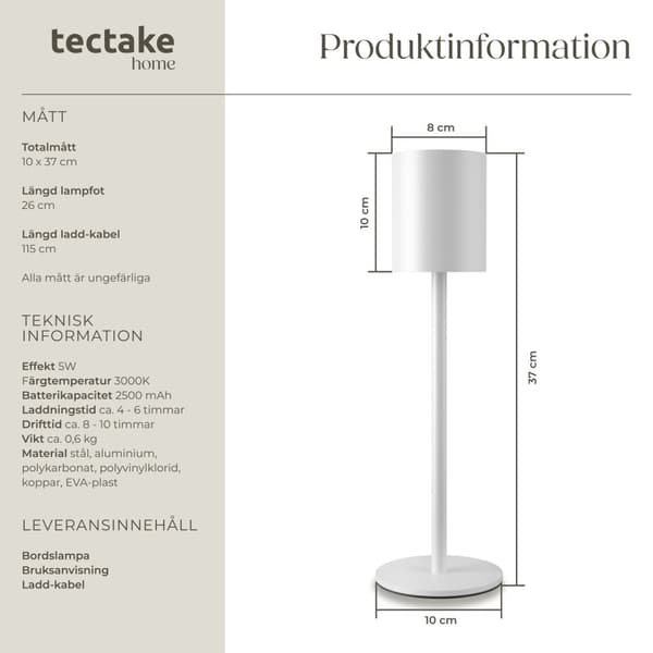 Bordslampa Corly, LED, 7 ljusfärger, dimbar - vit