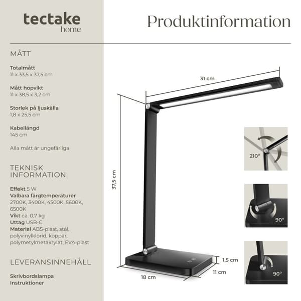 Skrivbordslampa Novaly, LED, dimbar, vikbar, 5W - svart