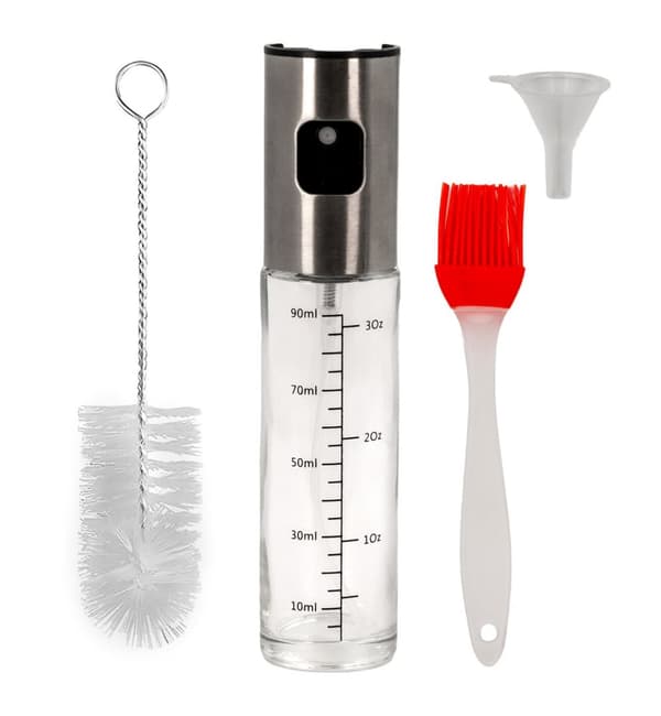 Set med 4 Oljesprayare, 100 ml sprayflaskor med bakpensel, flaskborste och oljtratt - För dosering av mat med olja eller ättika