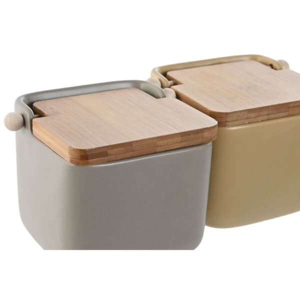 Saltkar med lock Home ESPRIT Beige Grå Naturell Bambu Dolomite 15 x 12 x 11 cm (2 antal)