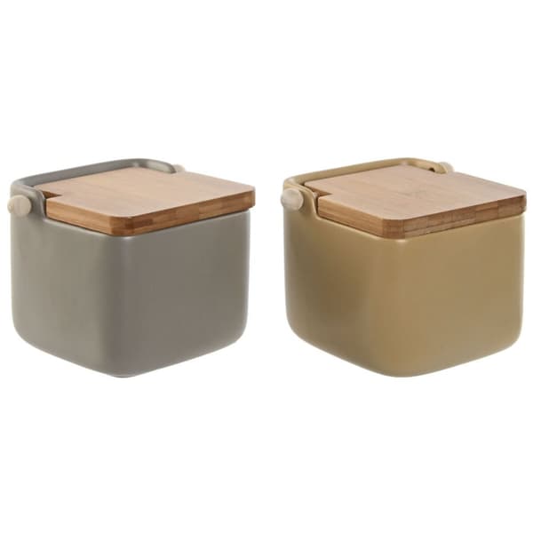 Saltkar med lock Home ESPRIT Beige Grå Naturell Bambu Dolomite 15 x 12 x 11 cm (2 antal)