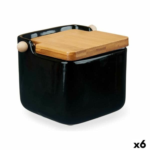 Saltkar med lock Brun Svart Keramik Bambu 800 ml (6 antal)