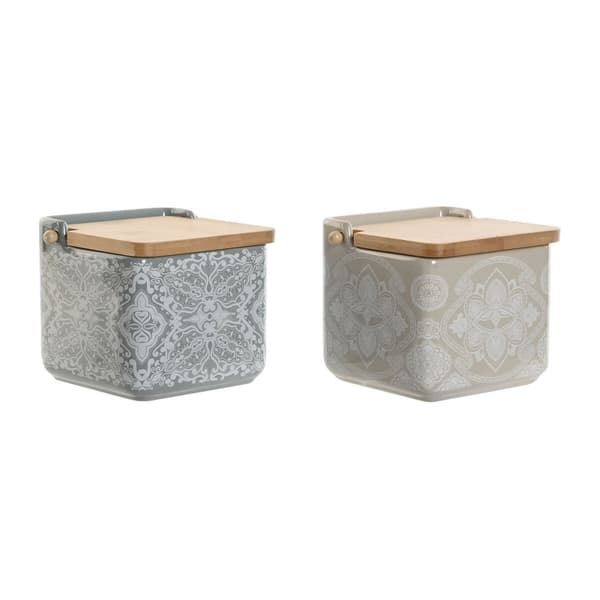 Saltkar med lock Home ESPRIT Blå Beige Rosa Lila Bambu 750 ml 14 x 12,5 x 12 cm (2 antal)