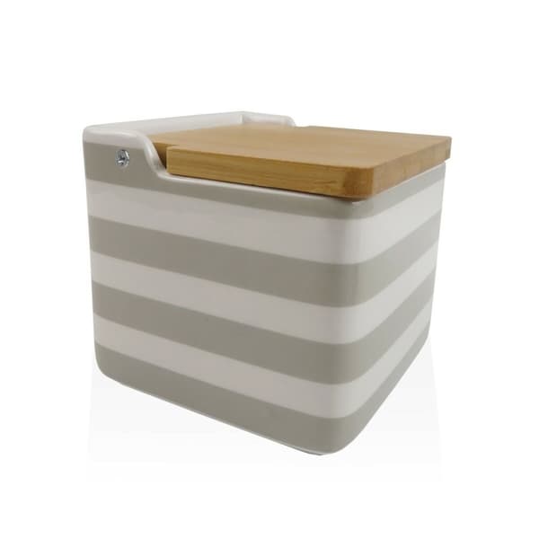 Saltkar med lock Versa Grå Keramik Bambu Dolomite Ränder 12,2 x 11,5 x 12,2 cm
