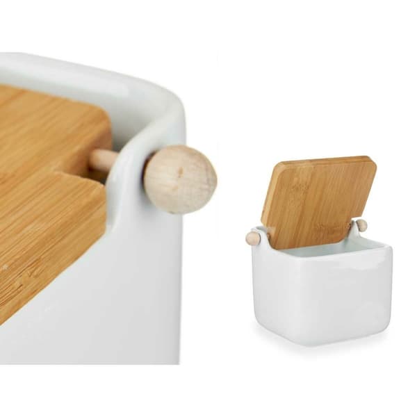 Saltkar med lock Kinvara B5001 Vit Brun Keramik Bambu 800 ml 12 x 11 x 12 cm (6 antal)