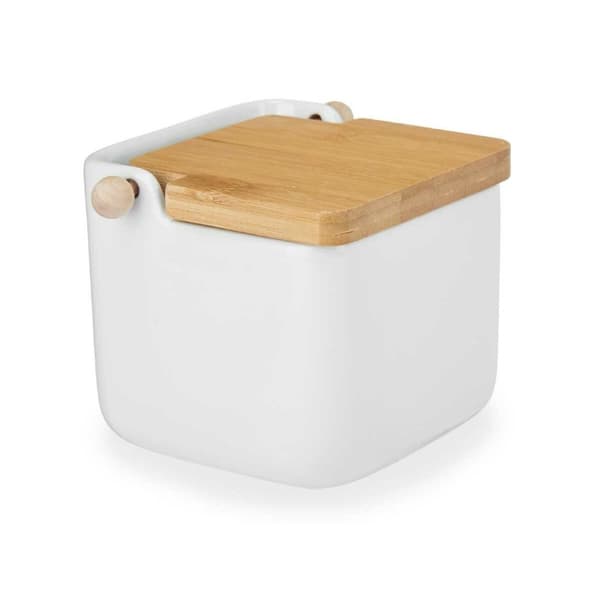 Saltkar med lock Kinvara B5001 Vit Brun Keramik Bambu 800 ml 12 x 11 x 12 cm (6 antal)