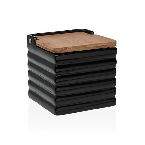 Saltkar med lock Versa Ränder Svart Keramik Bambu Dolomite 11 x 11 x 11 cm